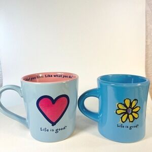 Life Is Good Ceramic Mug Set of 2 Heart & Flower Designs "Do‎ what you like."